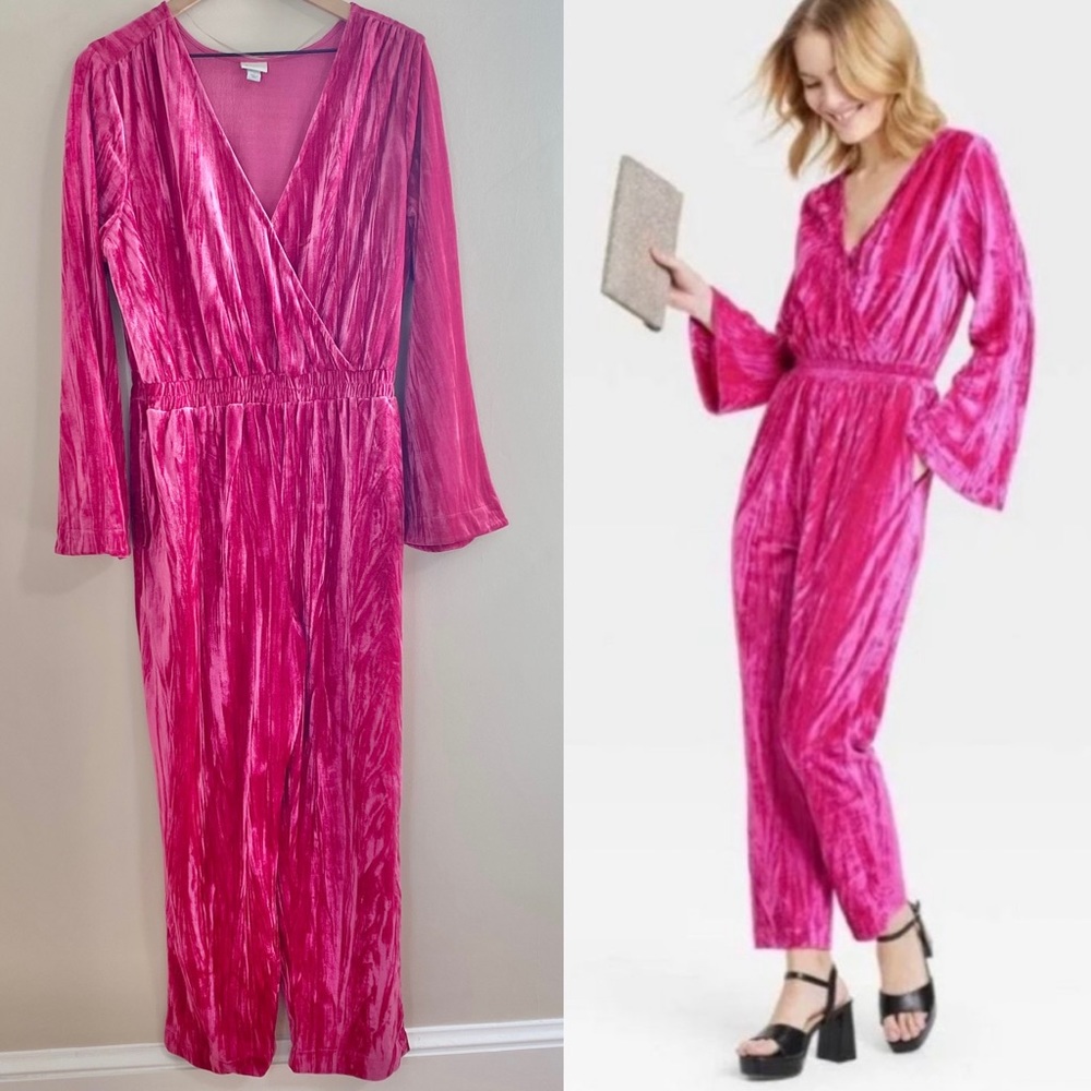 A New Day (L) Hot Pink Velour Velvet Bell Sleeve Jumpsuit